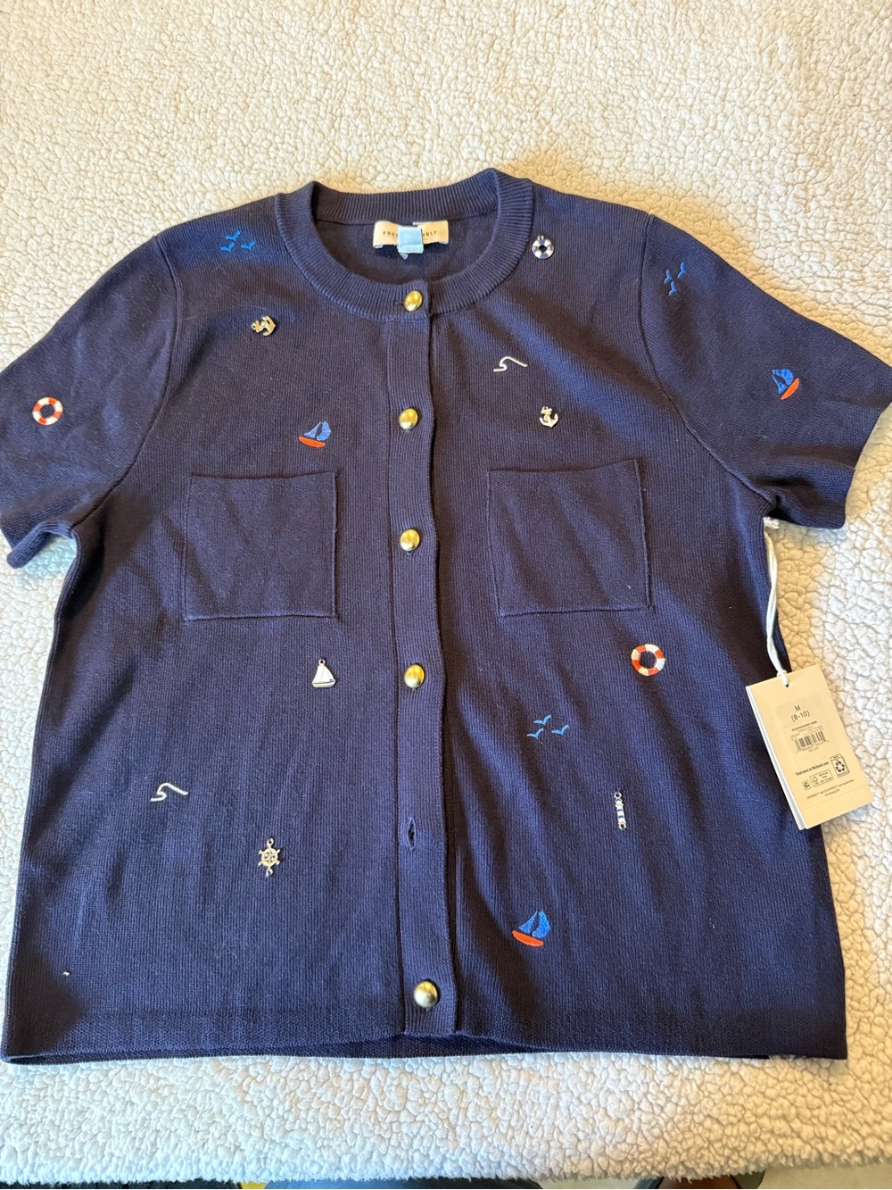 Girls' Navy Short-Sleeve Nautical Embroidered Cardigan